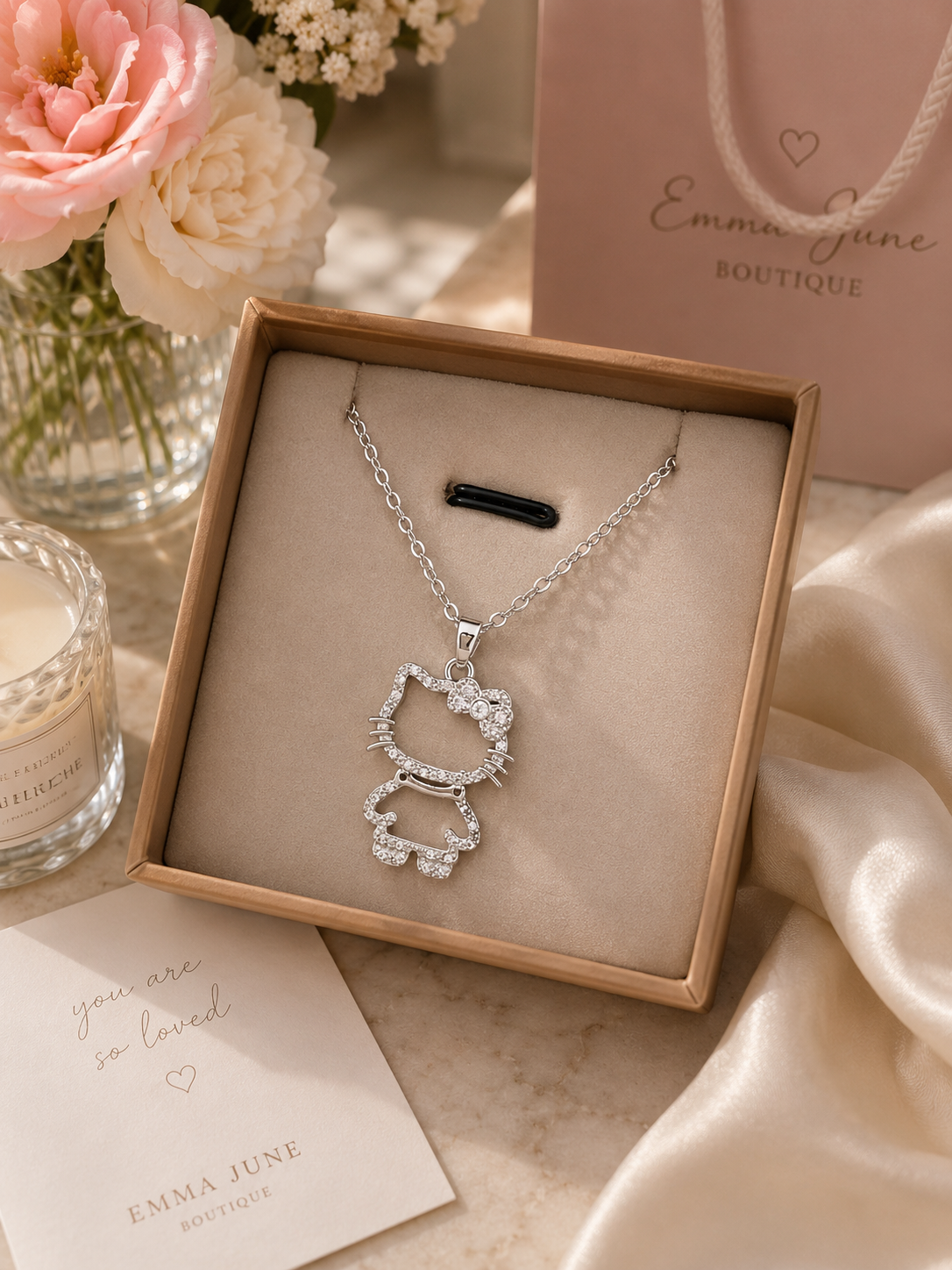 Crystal Kitty Pendant Necklace | Gold or Silver | Dainty Everyday Necklace