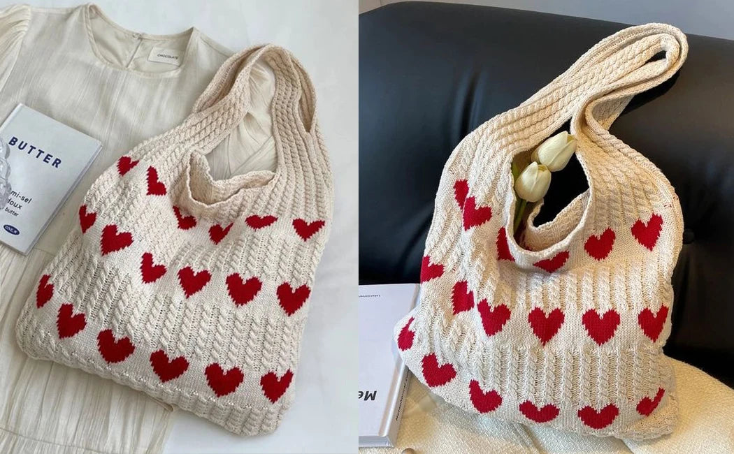 Heart Knit Crochet Tote Bag