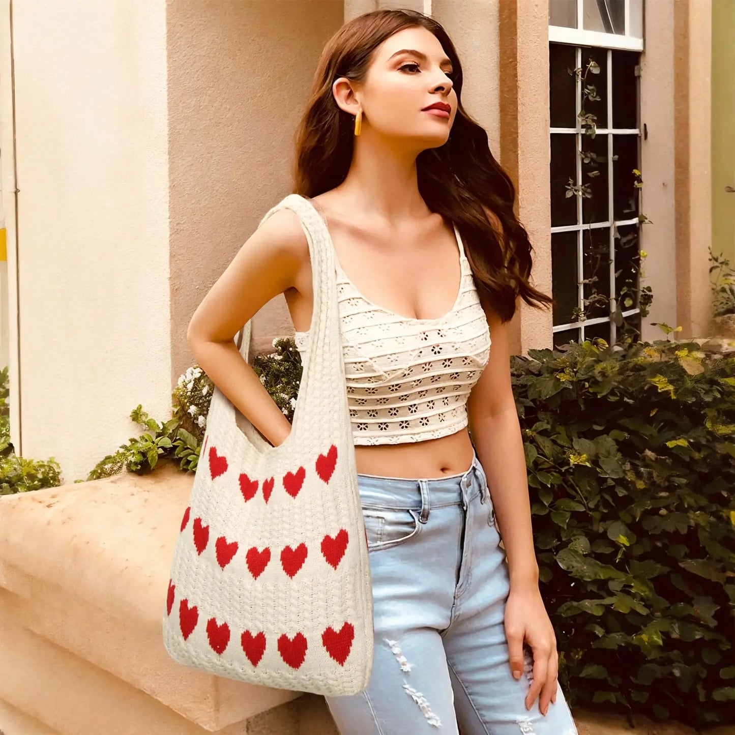 Heart Knit Crochet Tote Bag