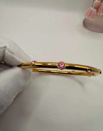 Gold Plated Bangle Bracelet with Pink Crystals | Stackable Everyday Jewelry
