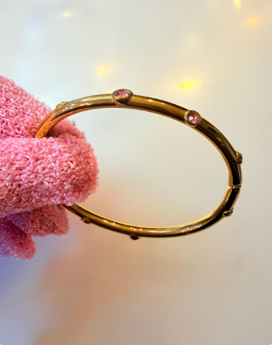 Gold Plated Bangle Bracelet with Pink Crystals | Stackable Everyday Jewelry