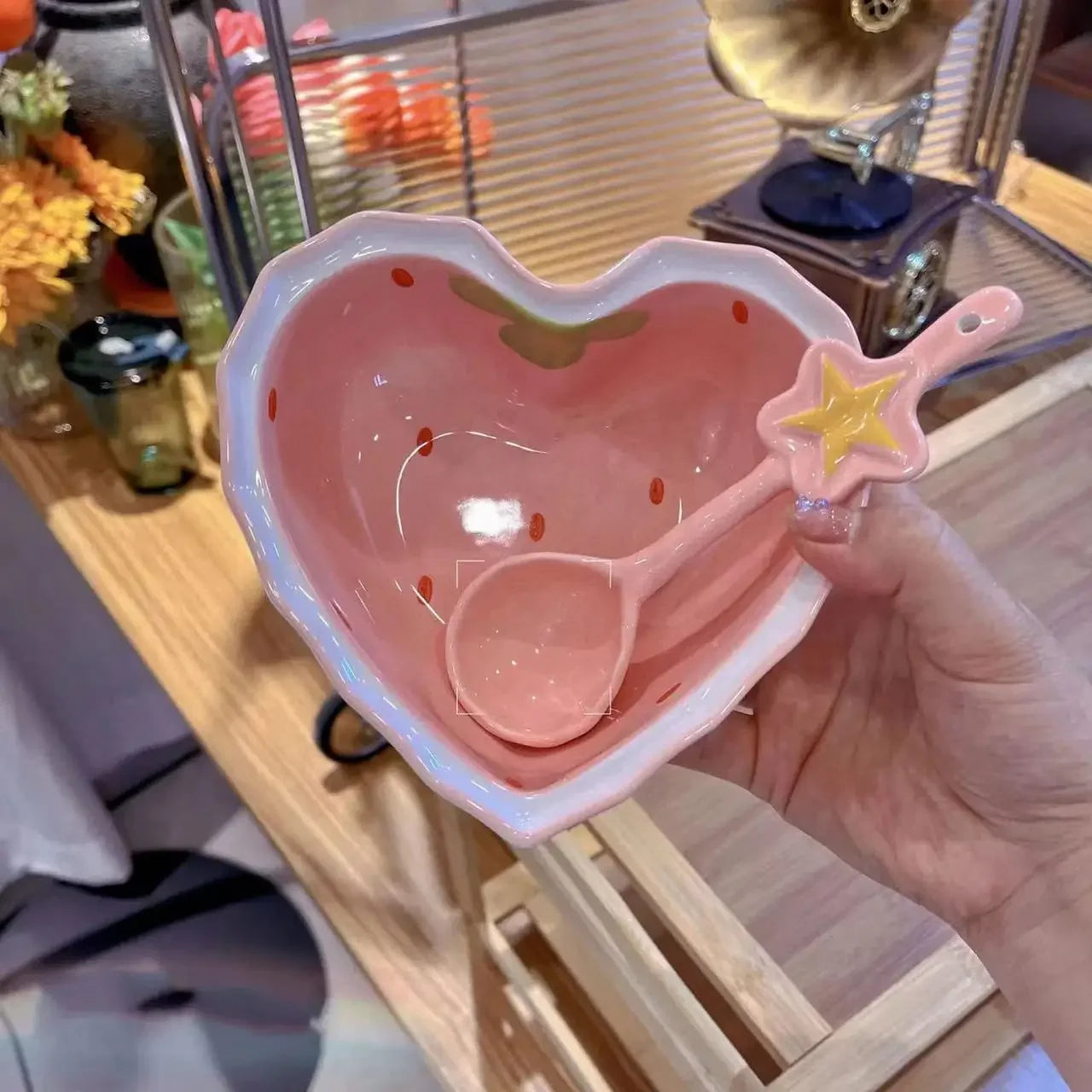 Sweet Strawberry Ceramic Ramen Bowl Set with Spoon