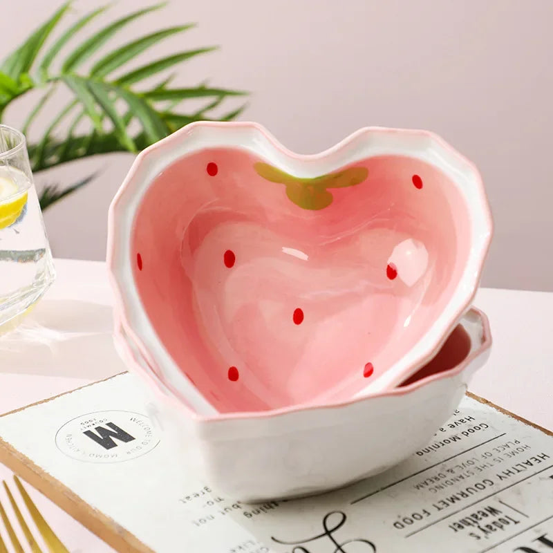 Sweet Strawberry Ceramic Ramen Bowl Set with Spoon
